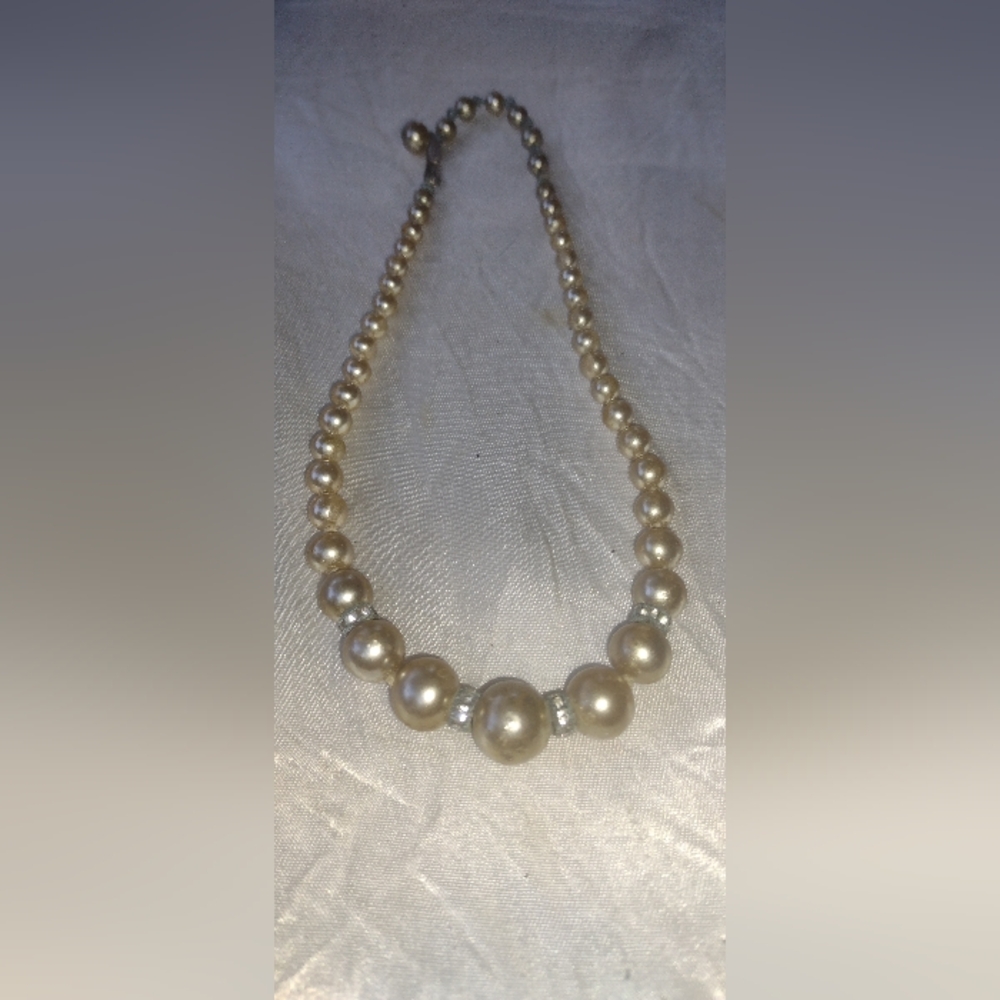 Vtg 50s PEARL/RHINESTONE CHOKER NECKLACE, 14.5" Adjustable, Classy!